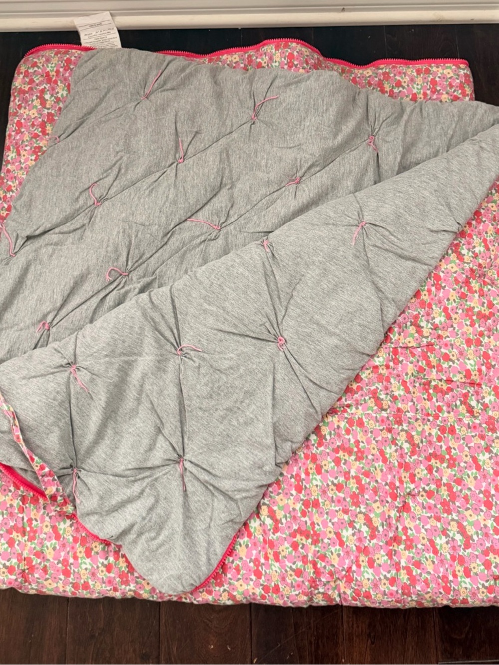 The Land of Nod Reversible Pink Floral and Gray Quilt Throw